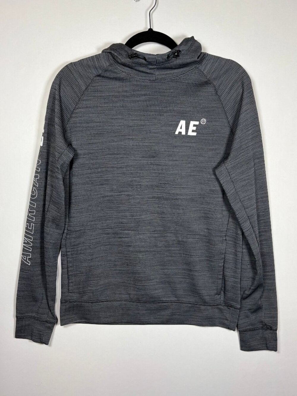 American Eagle Black Gray Grid Flex Fleece Hoodie Pullover Mens Size XS